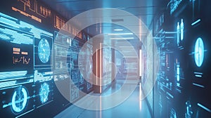 Futuristic data corridor displaying large holographic interfaces