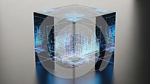 Futuristic data cube with glowing blue circuits and graphs