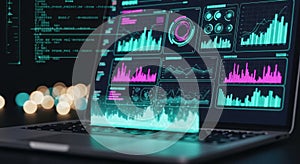 Futuristic data dashboard with glowing graphs and charts displaying real-time analytics white background