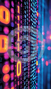 Futuristic Data Flow Binary Code In Motion. Glowing Ones And Zeros, Abstract Technology Background.