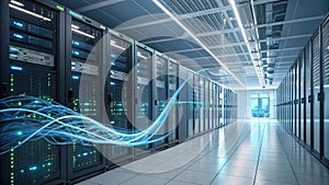 Futuristic data flow visualization in a modern server room