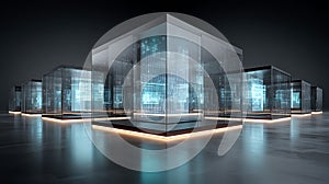 Futuristic data hub with glowing cubes: advanced technology, sleek design, modern
