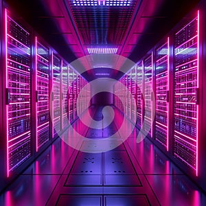 Futuristic data hub Neon lit server room for modern technology infrastructure