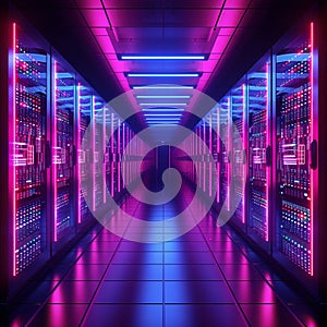 Futuristic data hub Neon lit server room for modern technology infrastructure