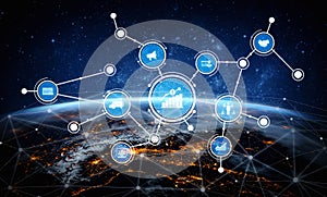 Futuristic Data Network Visualization with Global Connectivity and Analytics Chart in Space Background Highlighting