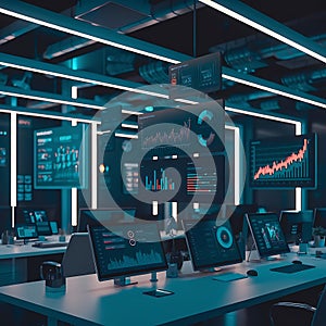 Modern Command Center with Real-Time Global Data Visualization on Multiple Screens.