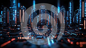 A futuristic data server farm featuring tall, glowing towers with blue and orange lights.