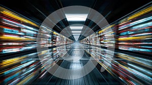 Futuristic data storage corridor with dynamic light trails and reflective surfaces