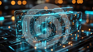 Futuristic Data Storage System with Glowing Digital Interface