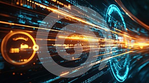 Futuristic data stream flowing through cyberspace with digital hud interface