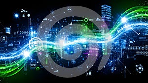 Futuristic data stream with neon lights and binary code