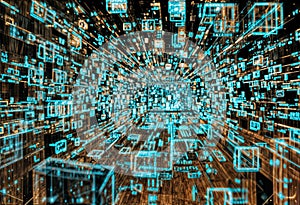 Futuristic Data Stream Visualization - 3D Render of Digital Information Flow and Network Connectivity