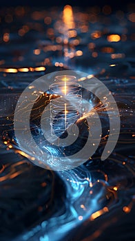 Futuristic data stream visualization, abstract geometric shapes, glowing particles, high-tech art