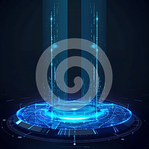 Futuristic data transfer platform with vertical energy beams and circular design interface