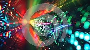 Futuristic data tunnel with glowing lights and abstract geometric patterns background