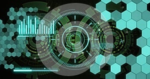 Futuristic data visualization and analysis image with graphs and hexagonal shapes