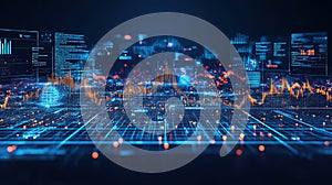 Futuristic data visualization, complex network of interconnected digital information streams