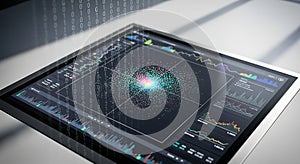 Futuristic data visualization on a computer screen with binary code overlay