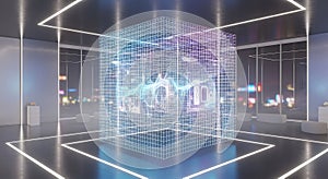 Futuristic Data Visualization Cube in Modern Interior