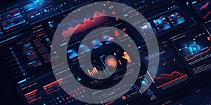 Futuristic data visualization dashboard with graphs and analytics interface