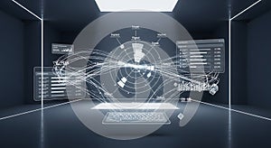 Futuristic data visualization dashboard with holographic interface and keyboard