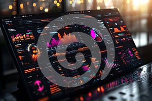 Futuristic Data Visualization Dashboard Interface On Black Screen Display Technology Innovation