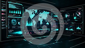 Futuristic data visualization dashboard interface with world map and graph analysis display tech