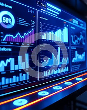 Futuristic Data Visualization Display with Complex Graphs and Interactive Interface