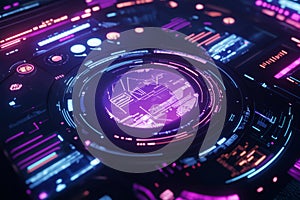 A futuristic data visualization, displaying glowing AI-driven digital charts, pulsating cybernetic