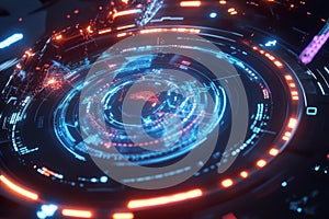 A futuristic data visualization, displaying glowing AI-driven digital charts, pulsating cybernetic