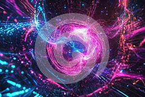 A futuristic data visualization, displaying glowing AI-driven digital charts, pulsating cybernetic