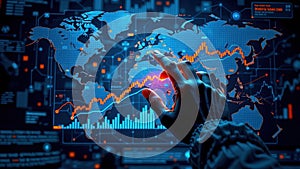 Futuristic Data Visualization with Hands Interacting on Digital Display