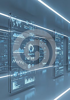 Futuristic Data Visualization Interface with Blue Glass Panels