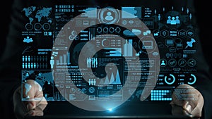 Futuristic Data Visualization Interface with Business Analytics, Communication Networks, and Social Media Metrics in a