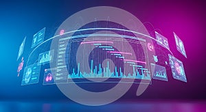 Futuristic data visualization interface with charts, graphs, and timeline elements