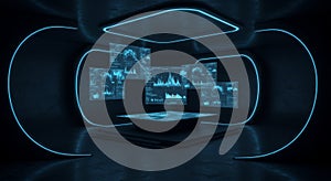 Futuristic Data Visualization Interface in Dark Room