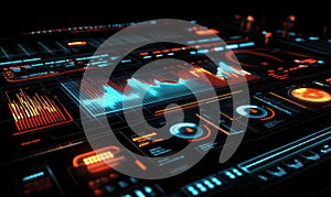 Futuristic data visualization interface with glowing elements, graphs, and controls. High-tech design showcasing
