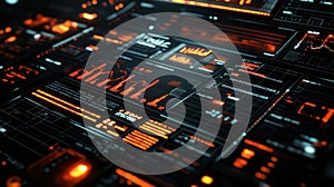 Futuristic data visualization interface with glowing orange elements