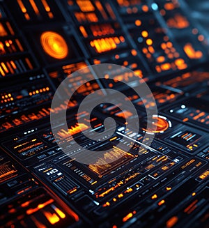 Futuristic data visualization interface with glowing orange elements and graphs