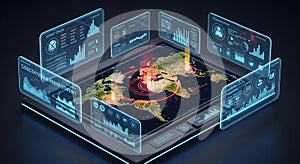 Futuristic data visualization interface with world map display showing global network connectivity through multiple screens with