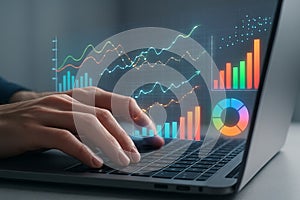 Futuristic data visualization on laptop screen with colorful charts and graphs for modern analytics and technology innovation