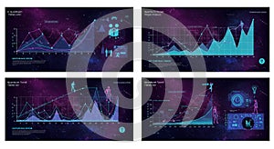 Futuristic data visualization panels showcasing trend graphs and technological