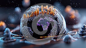 A futuristic data visualization representing global statistics, with intricate glowing nodes and interconnected