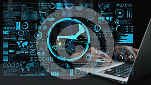 Futuristic Data Visualization Showcasing Robotic Arm Interaction with Digital Interface for Industry Applications and