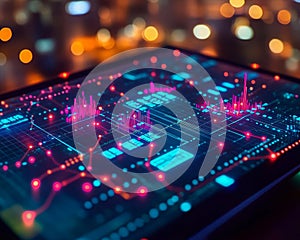 Futuristic data visualization on tablet with glowing graphs