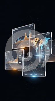 Futuristic Data Visualization - Transparent Screens Displaying Charts and World Map