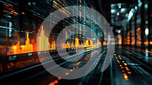 Futuristic data visualization wall with dynamic graphs and code