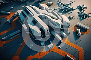 Futuristic Delivery Hub Abstract 3D rendering of a futuristic logistics and transport hub featuring advanced technologies