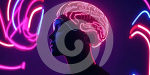 futuristic depiction of artificial intelligence with glowing brain and neon lights photo