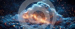 Futuristic depiction of cloud computing and digital data storage representation